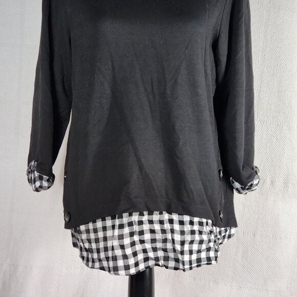 Apt. 9 Black w/Black Check Layer Roll Sleeves Poly Rayon Span Pull Over Top L - Picture 3 of 16